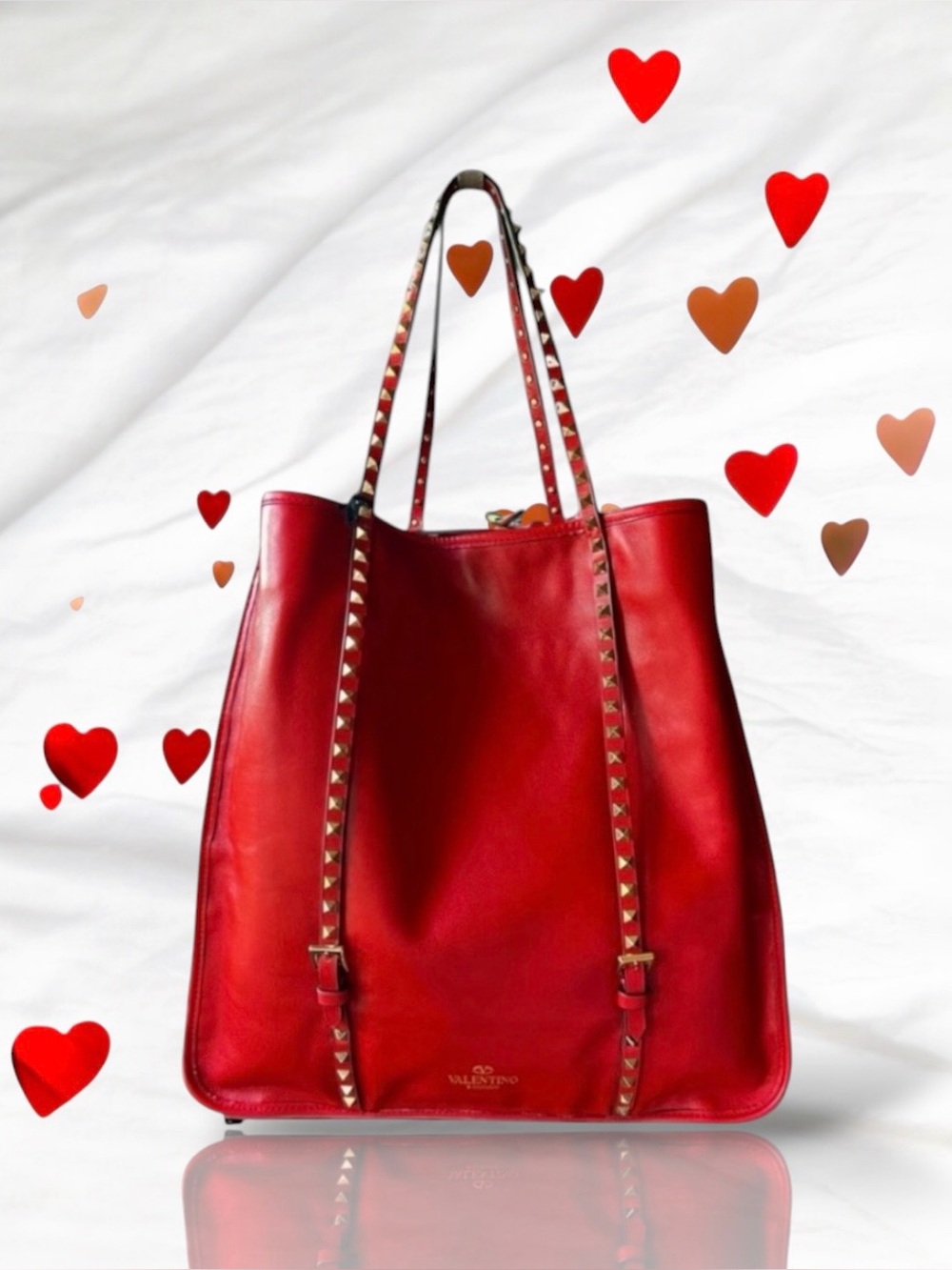 🆕💞VALENTINO Lambskin Rockstud Belted Shopper Tote • RED • Gold-Tone Hardware
